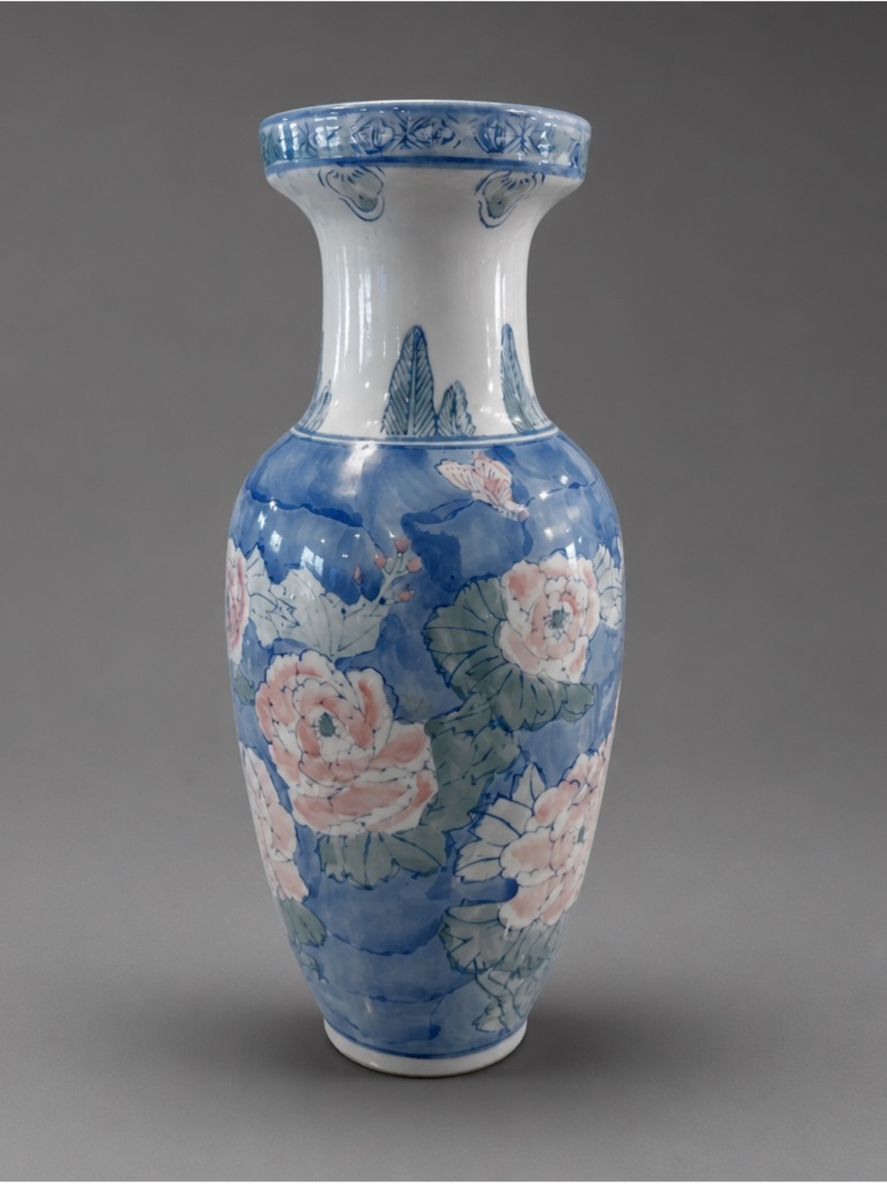 Hand-Painted Blue and Pink Floral Porcelain Vase
